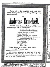 Todesanzeige von Andreas Ermekeil, vom 16. November 1895.